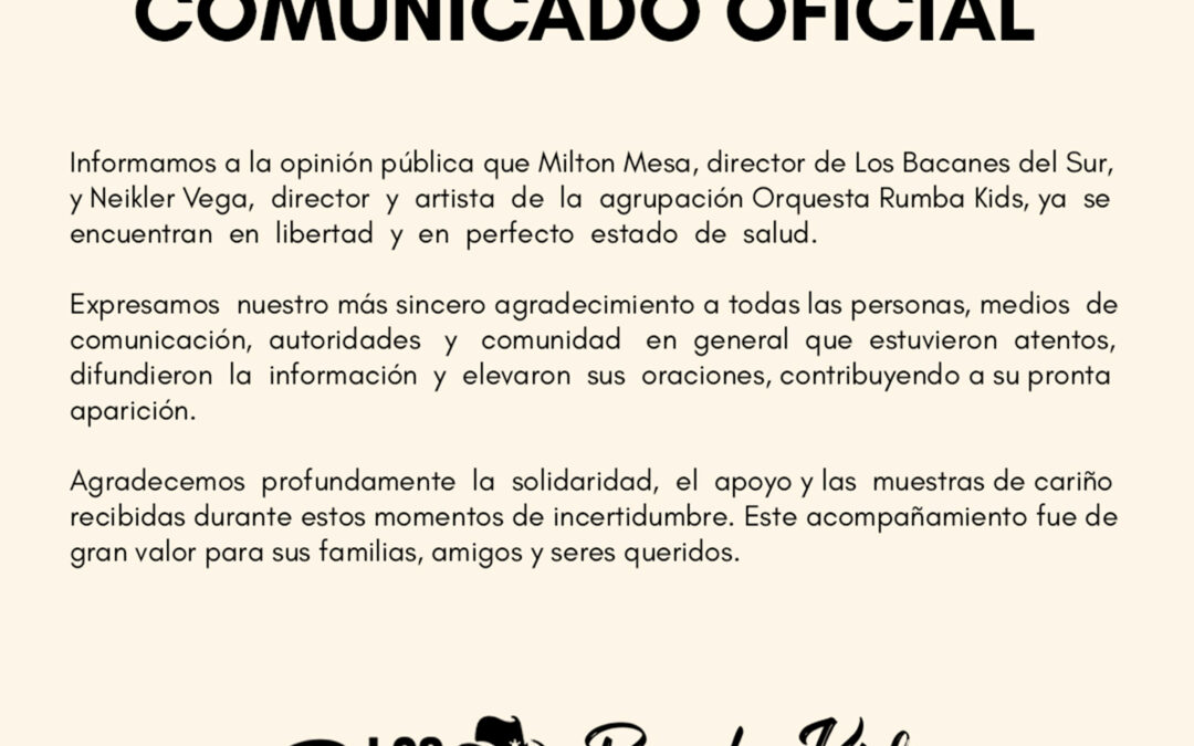 Milton Mesa y Neikler Vega fueron hallados sanos y ya se encuentran en libertad